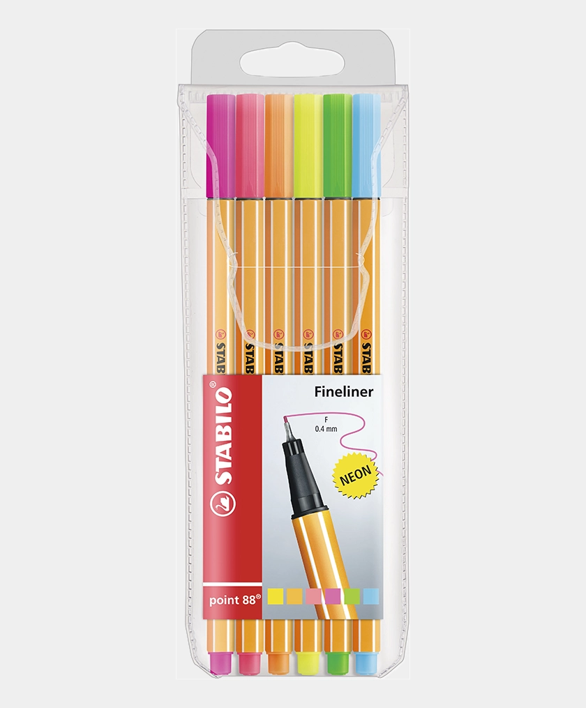 caneta ponta fina stabilo point 88 com 6 cores neon